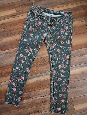 Miss Me Green Skinny Jeans with Pink Floral Print